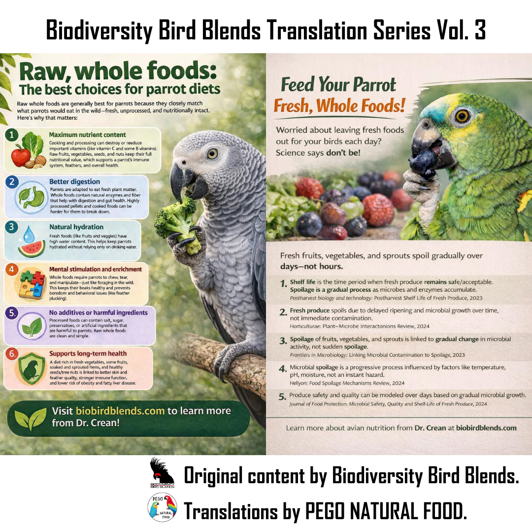 Parrot nutrition guide from Biodiversity Bird Blends about raw whole foods, fresh fruits, vegetables, sprouts, food safety, natural hydration, enrichment, and long-term health