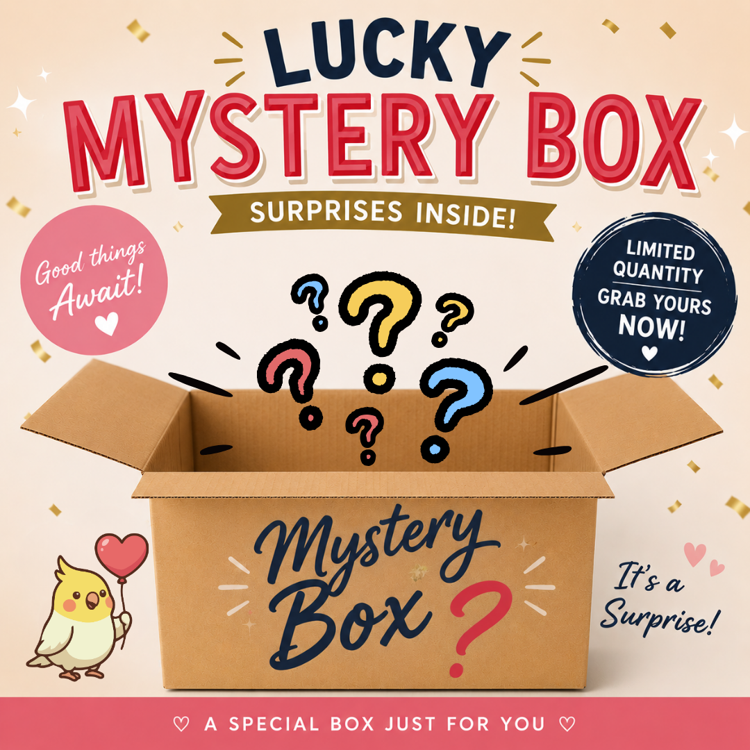 Promotional image featuring the text “LUCKY MYSTERY BOX” above an open cardboard box on a beige background, with confetti and circular labels displaying phrases such as “SURPRISES INSIDE!” and “LIMITED QUANTITY.”