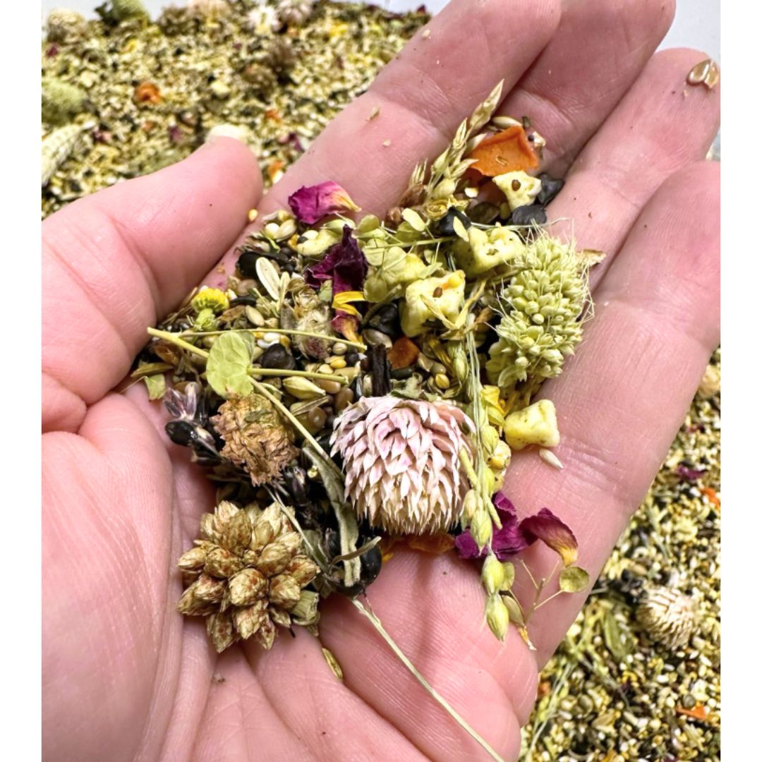 Herbs and flowers: hibiscus, calendula, chamomile, lavender, jasmine, rosemary, thyme, oregano