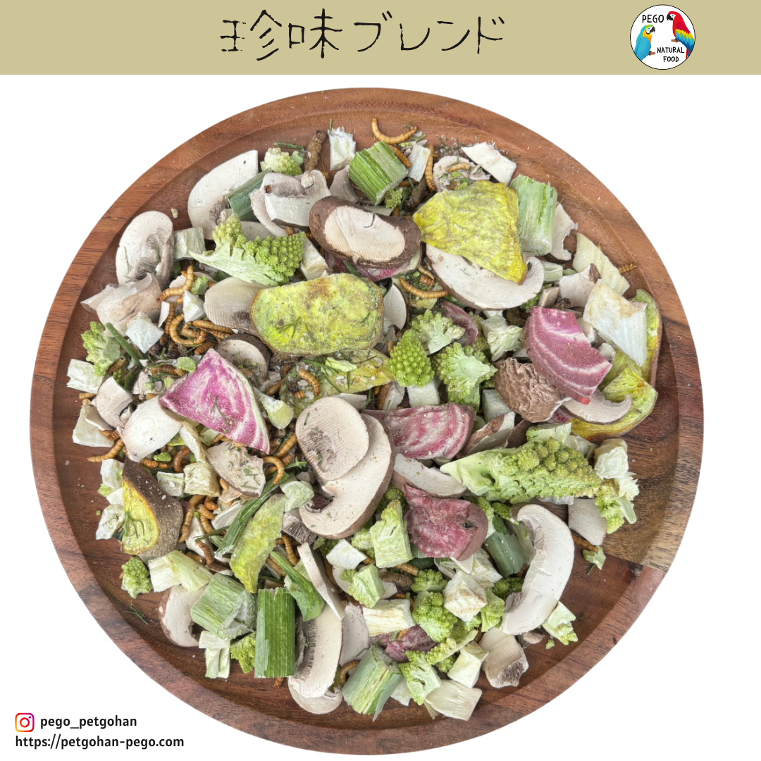 Freeze-dried parrot food mix on a wooden plate with sliced mushrooms, romanesco florets, beet pieces, and visible mealworms in a whole-food vegetable blend