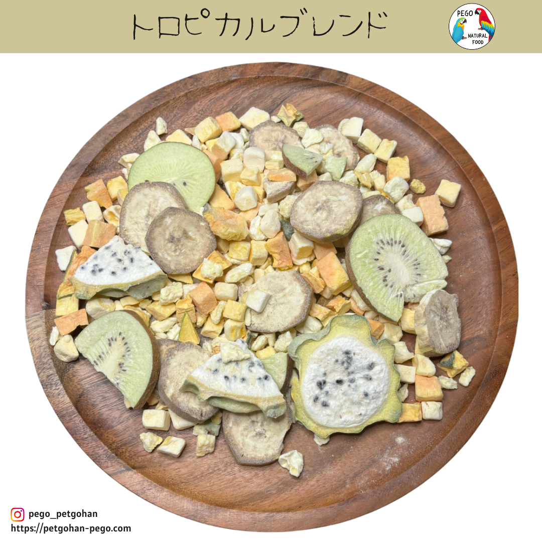 Freeze-dried tropical fruit mix on a wooden plate with mango cubes, banana slices, kiwi, dragon fruit, pineapple, and papaya pieces, bird food