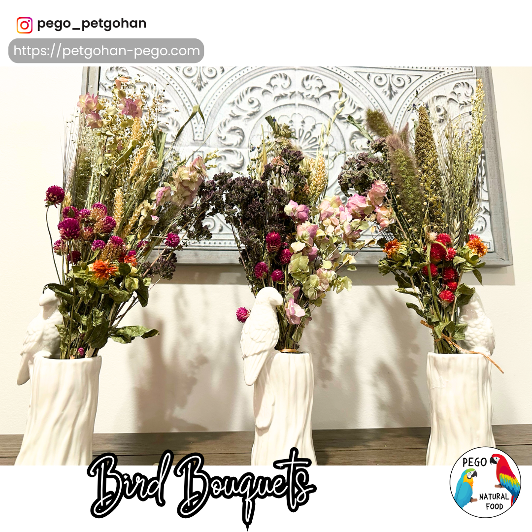 Bird bouquets displayed in decorative vases with dried flowers and botanicals for Parrot foraging and natural enrichment