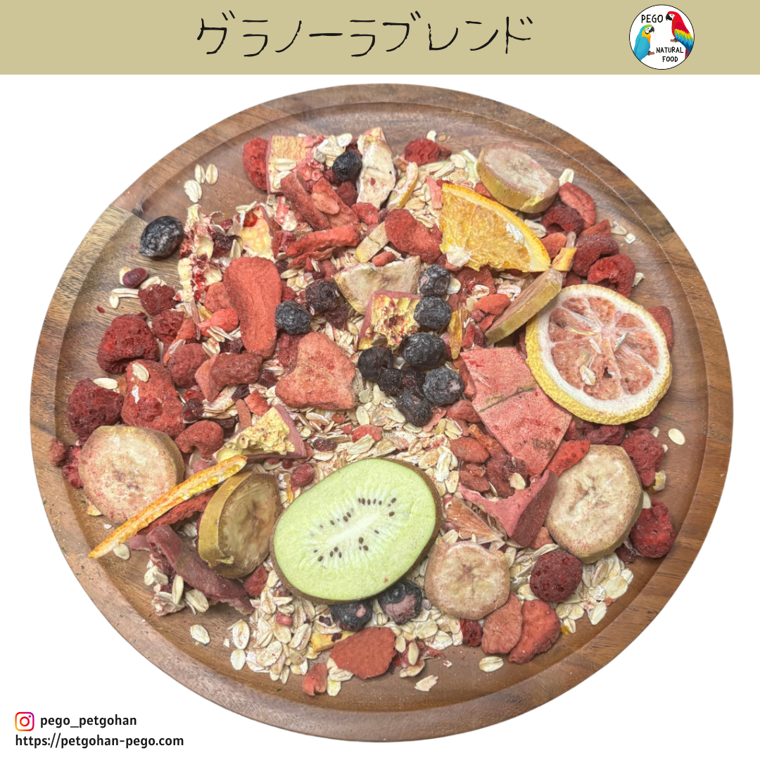 Freeze-dried fruit and rolled oats mix on a wooden plate with banana slices, kiwi, citrus, berries, and grain clusters, bird food
