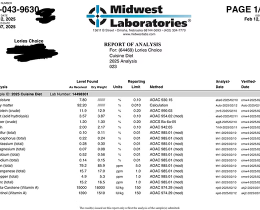Fine beige powder nectar mix filling a round container labeled “Lory Maintenance Diet”