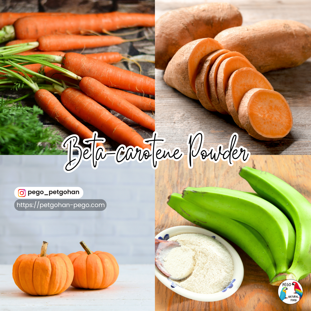 Beta-carotene powder graphic featuring carrots, sweet potato, pumpkin, and green banana powder arranged in a four-panel collage with “Beta-carotene Powder” text and PEGO Natural Food branding.